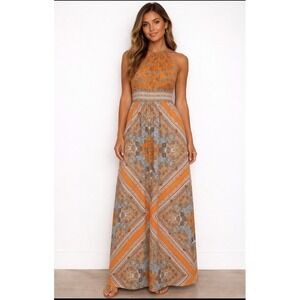 db Boho Paisley Halter Maxi Dress Womens Orange Blue Medallion Print  Sz 16